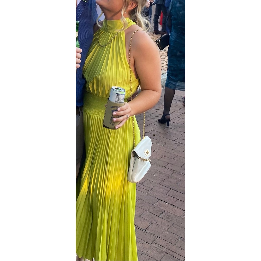 Wedding Guest Pleated High Neck Halter Dress Lime Green Women's Small - Picture 2 of 10
